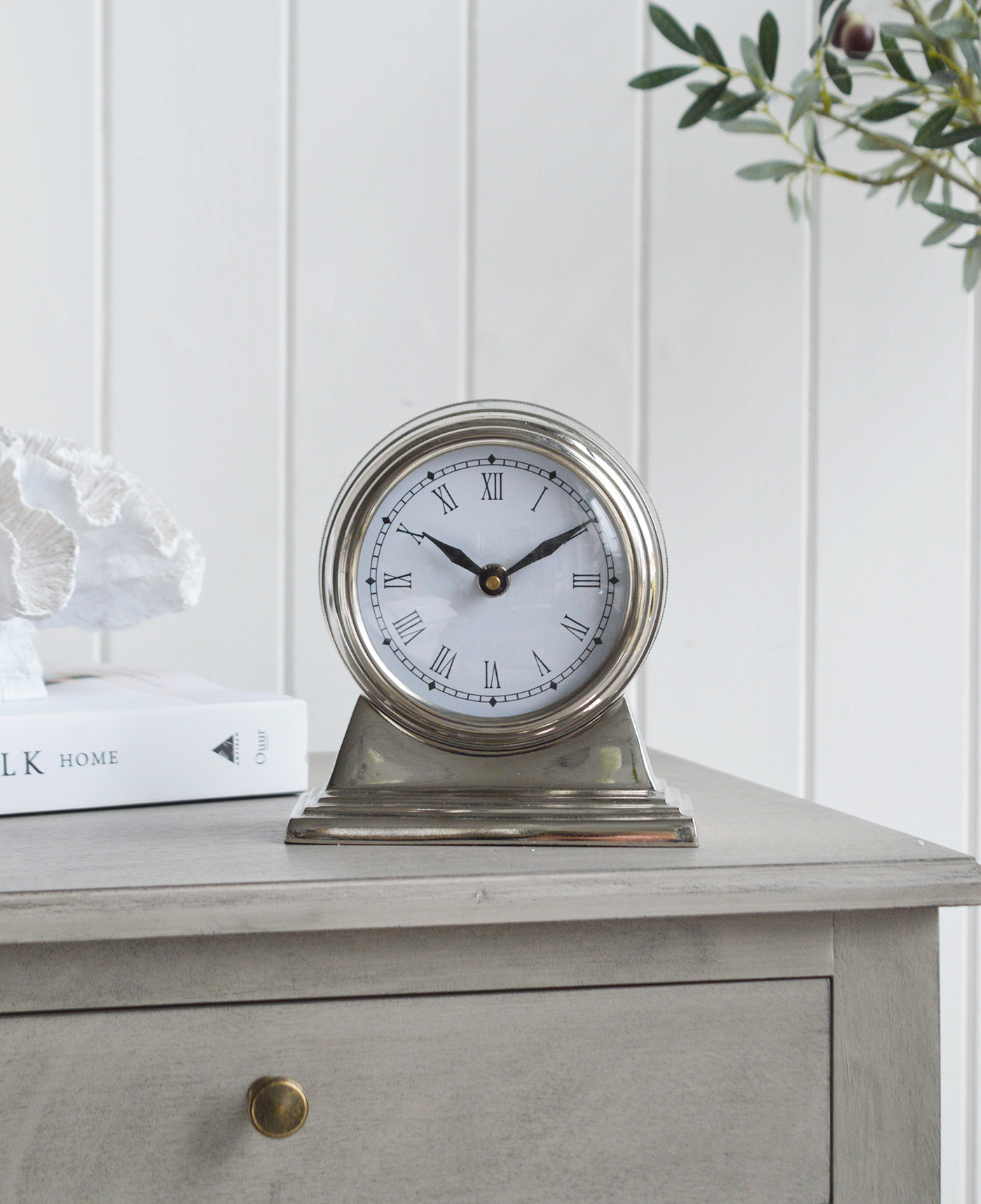 Polished Silver Mantel Clock New England Furniture and accessories